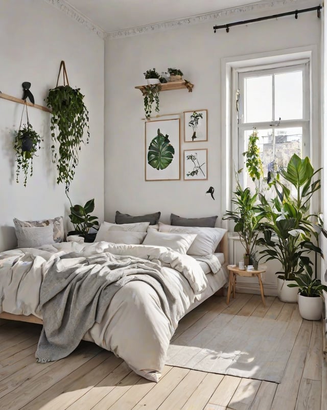 A cozy bedroom with a white bed and several potted plants. The room has a Scandinavian design style, featuring a large window that allows natural light to fill the space.