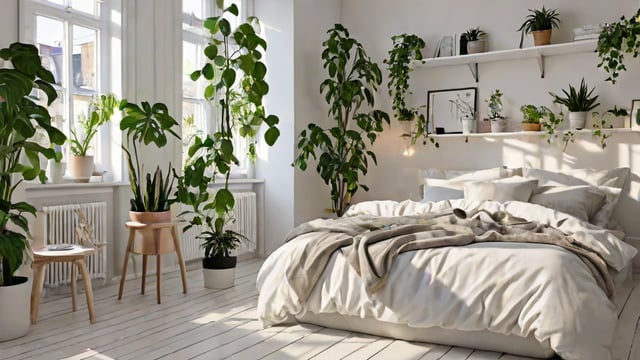 A bedroom with a white bed and potted plants creating a Scandinavian-style atmosphere.