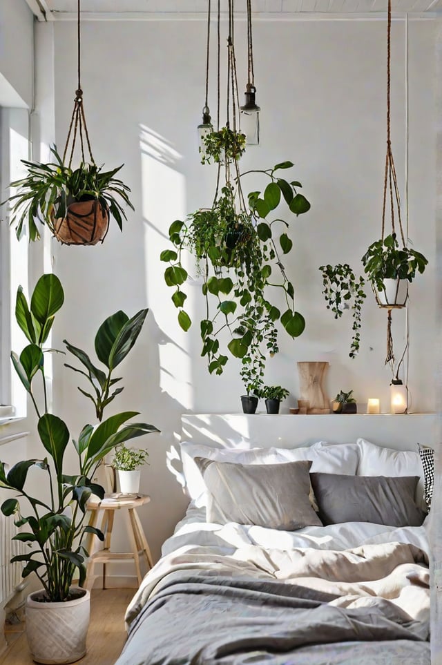 Scandinavian bedroom with a white bed and hanging plants