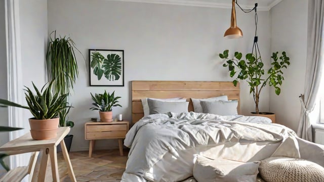 A bedroom with a large bed, a nightstand, and two potted plants. The bed has a wooden headboard and is covered in white sheets. The room has a Scandinavian design style.