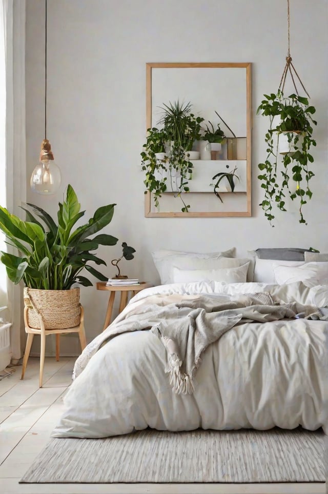 Scandinavian bedroom with a large bed, table, and potted plants