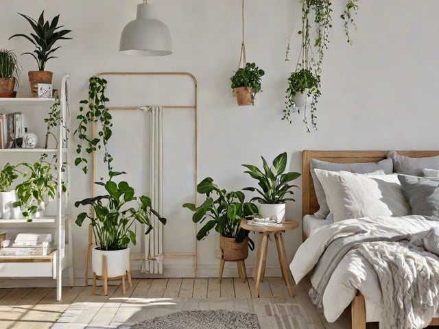 A bedroom with a white bed and potted plants. The plants are placed throughout the room, creating a warm and inviting atmosphere. The bedroom has a Scandinavian design style.