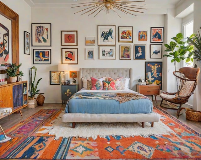 A bedroom with a blue comforter, white headboard, rug, chair, and potted plant. The walls are adorned with numerous pictures, creating an eclectic design style.