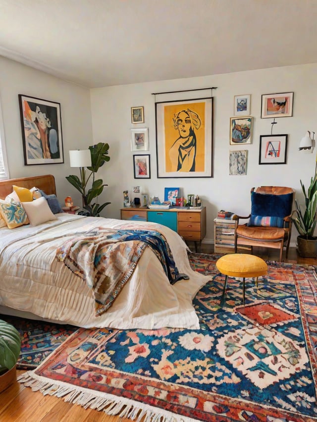 A bedroom with an eclectic design style, featuring a bed, chair, and various artwork on the walls. The room is decorated with potted plants and has a colorful comforter on the bed.