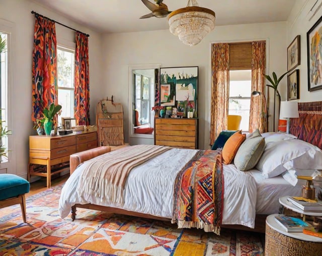 A bedroom with a large bed and eclectic decorations