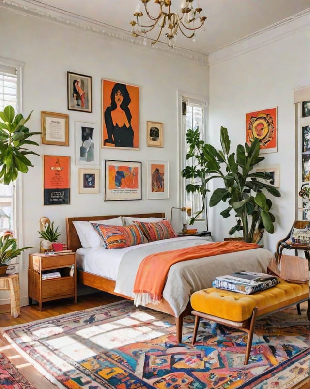 Eclectic bedroom with a colorful blanket, potted plants, and artworks on the walls.