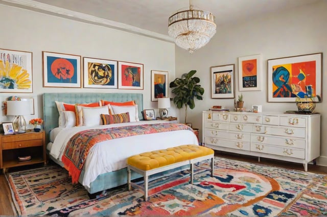 A bedroom with a large bed, a yellow bench, and eclectic artwork. The room is decorated with potted plants and features a chandelier hanging above the bed.