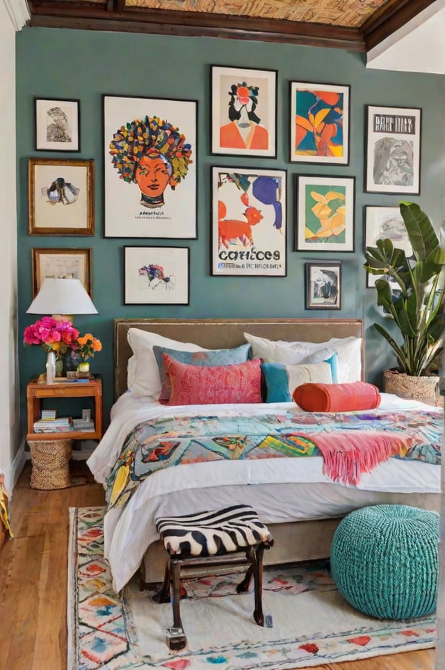 Colorful eclectic bedroom with a bed adorned with pillows and a blanket, artwork on the wall, potted plant and vase.