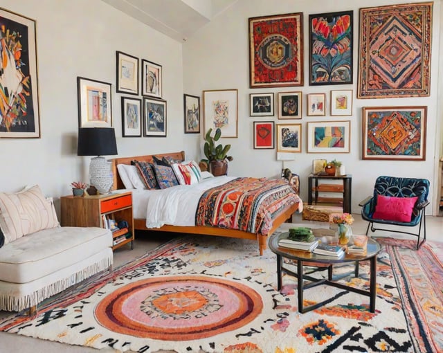 Colorful eclectic bedroom with a large bed, couch, coffee table, rug, and potted plant.