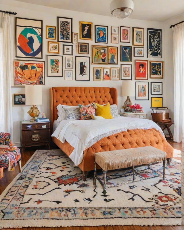 An eclectic bedroom with a large orange bed, white comforter, and yellow pillow. The walls are adorned with numerous pictures, creating a visually rich and unique atmosphere.