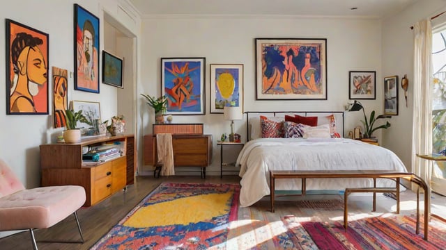 An eclectic bedroom with a large rug and colorful pillows on a white comforter.