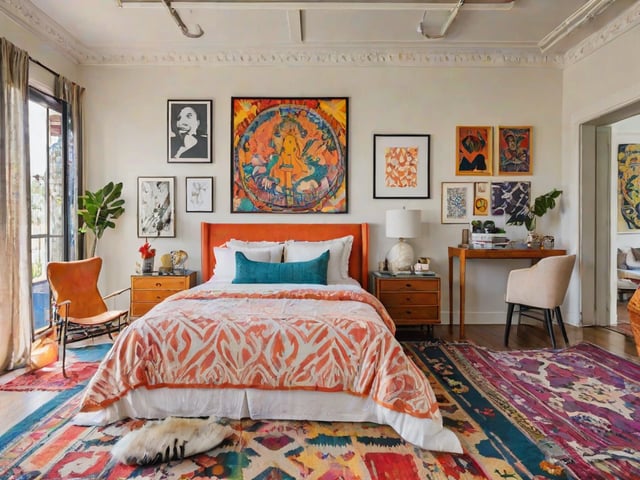 A bedroom with an eclectic design style, featuring a colorful comforter, an orange headboard, and various artworks on the walls.