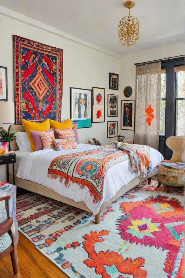 A cozy eclectic bedroom with a large bed, colorful comforter, and various pillows.