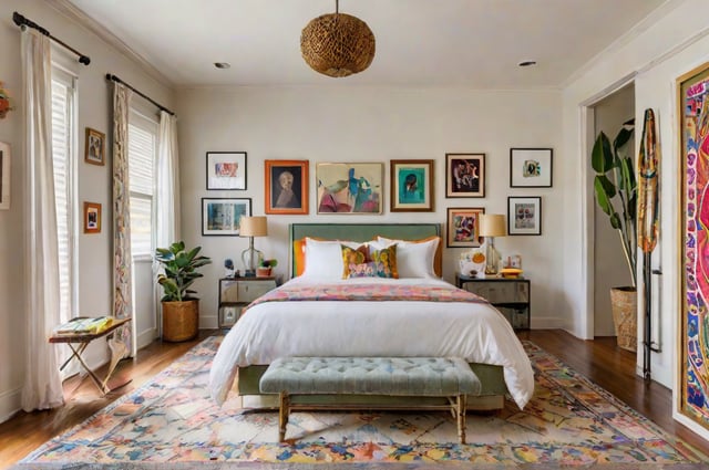 A large bedroom with an eclectic design style, featuring a mix of different elements and colors. The bed is the centerpiece of the room, surrounded by artwork and decorations.