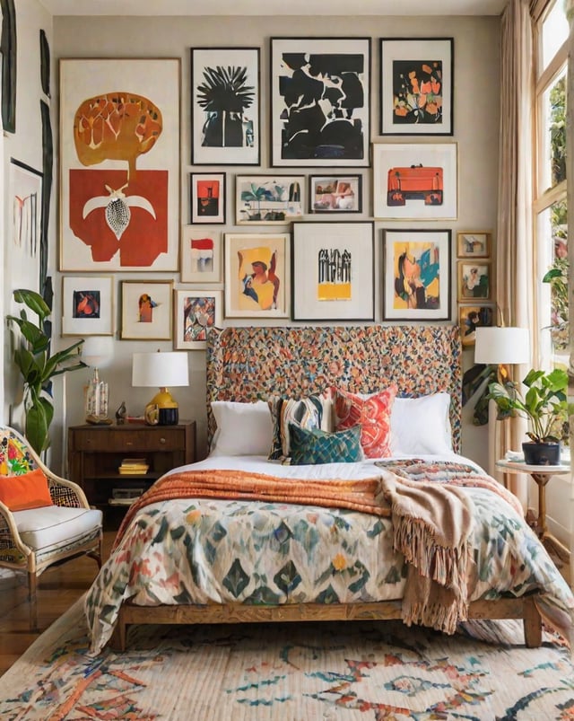 A bedroom with a large bed, eclectic art, and a floral bedspread.