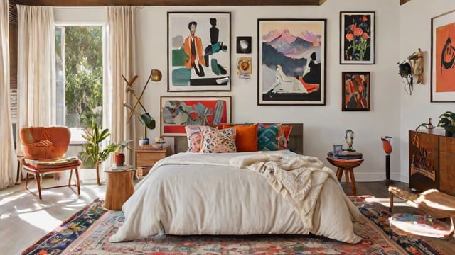 A bedroom with a large bed, white comforter, and eclectic artwork on the walls.