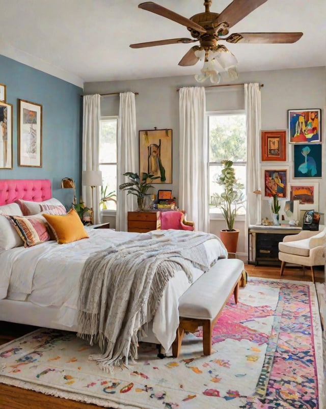 A cozy bedroom with a large bed, a rug, and a window. The room has a pink headboard and features eclectic design elements, such as paintings and potted plants.