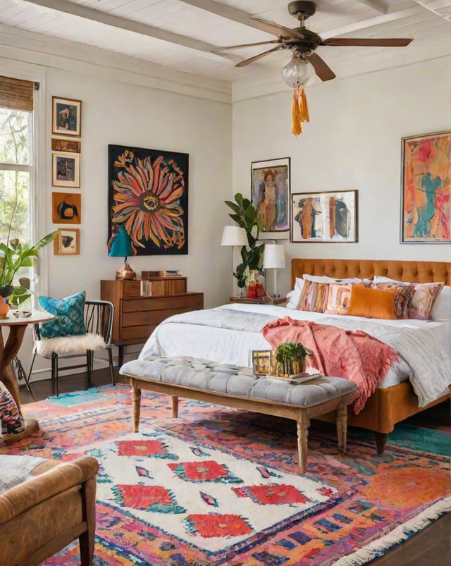 Eclectic bedroom with a large bed, bench, chair, art pieces, potted plants, and vases.