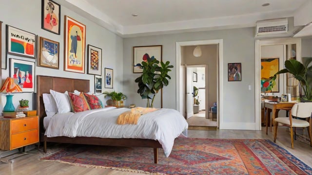 A bedroom with an eclectic design, featuring a large bed, a potted plant, and various art pieces on the walls.