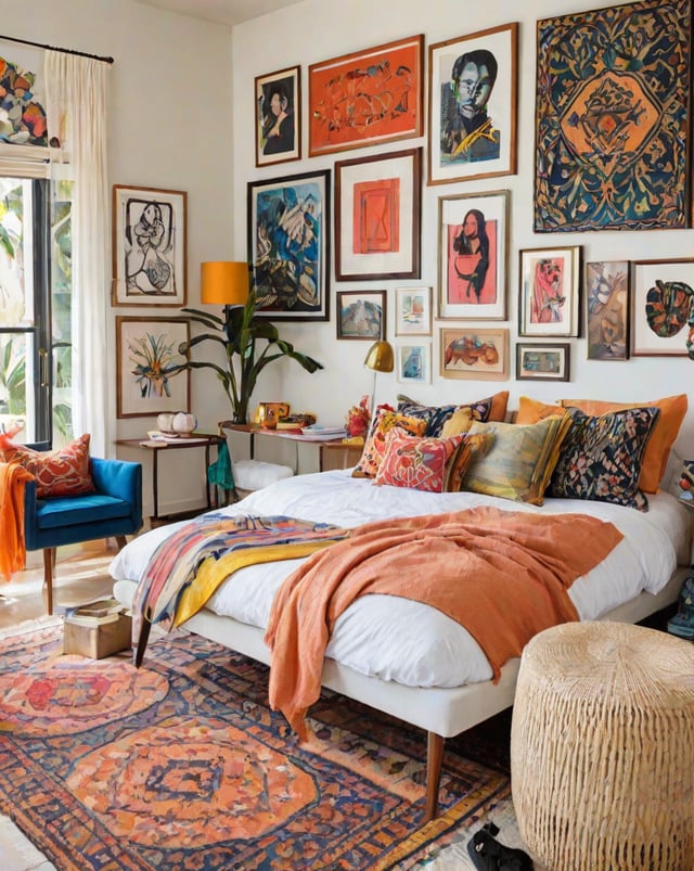 A bedroom with an eclectic design style, featuring a colorful bed, many pictures on the walls, and various furniture pieces.