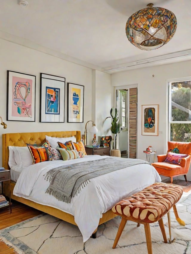 Eclectic bedroom with a large bed, colorful throw blanket, and artwork on the walls.