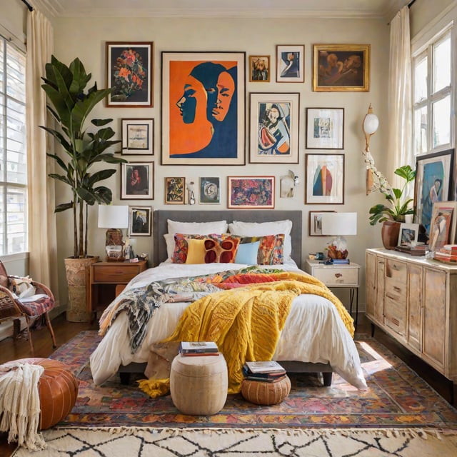 A bedroom with an eclectic design style, featuring a large bed, a rug, and a collection of artwork on the walls. The room also includes a potted plant and a chair.