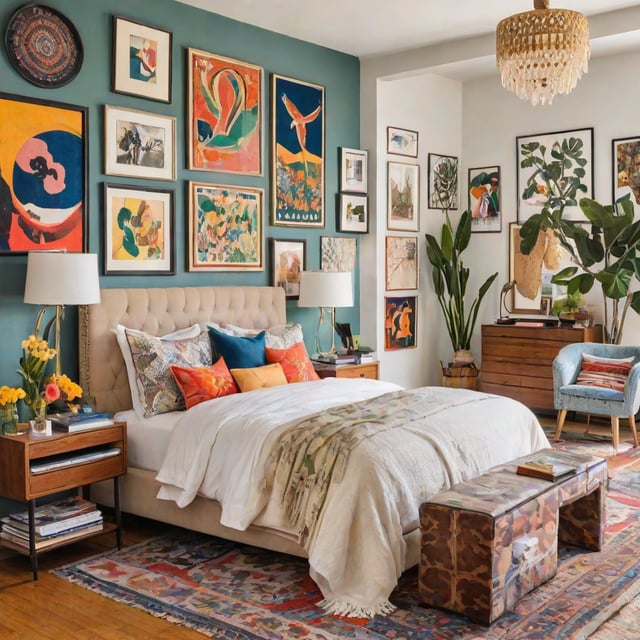 An eclectic bedroom with a white comforter, colorful throw blanket, and numerous paintings on the walls.