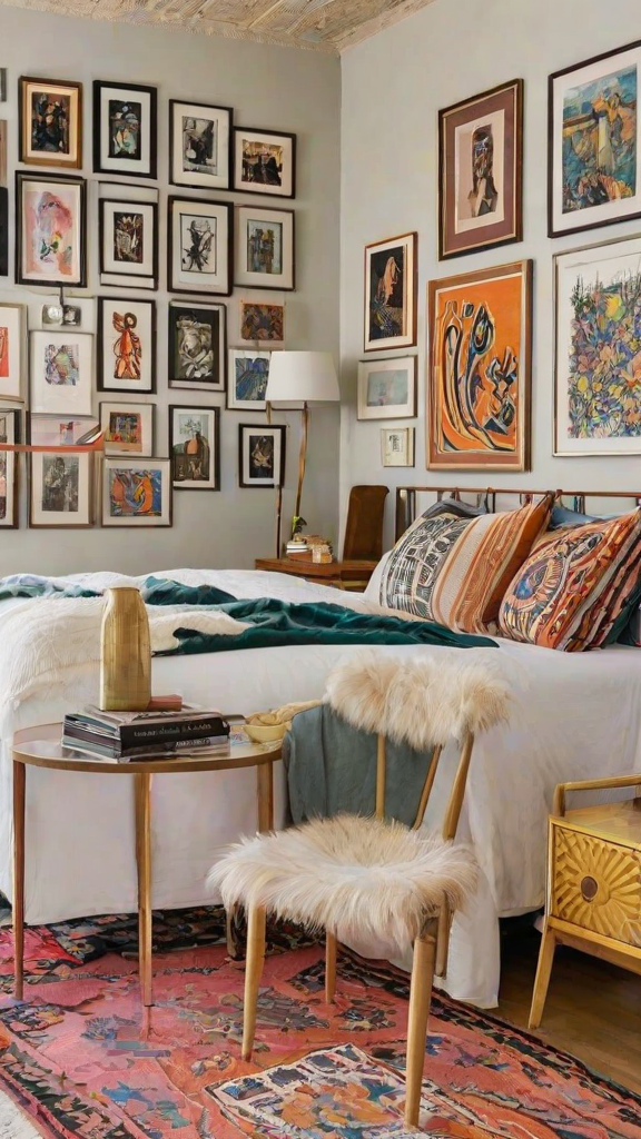 A cozy bedroom with eclectic artwork and a large bed with colorful pillows.