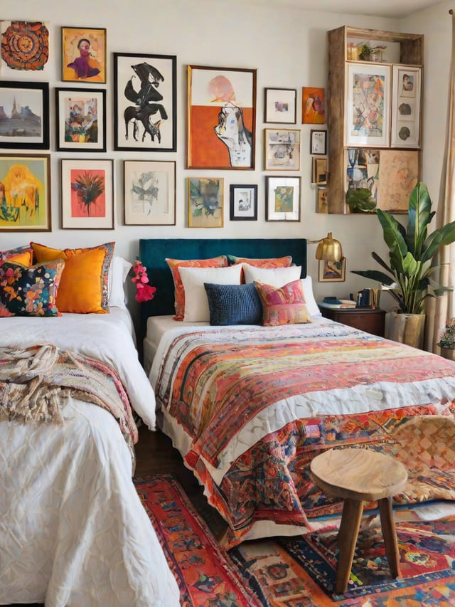 A bedroom with two beds and eclectic artwork on the walls.