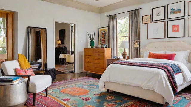 A large bedroom with a colorful and eclectic design, featuring a rug with a floral pattern and a striped blanket on the bed. The room also contains a chair, a potted plant, and a vase.