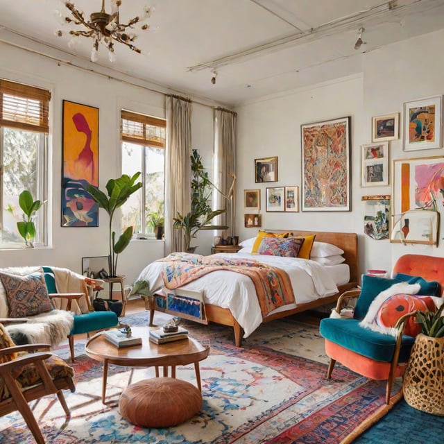 Eclectic living room with a bed, couch, chairs, and dining table