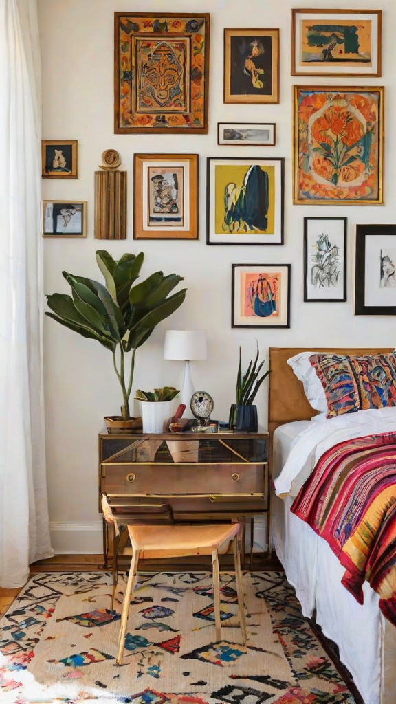 A bedroom with a bed, dresser, chair, and eclectic art. The room is decorated with potted plants and a colorful blanket.