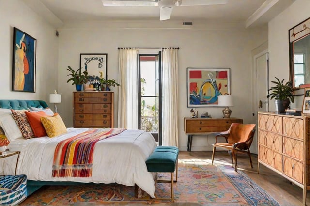 A cozy eclectic bedroom with a striped bedspread, green bench, and artworks on the wall.