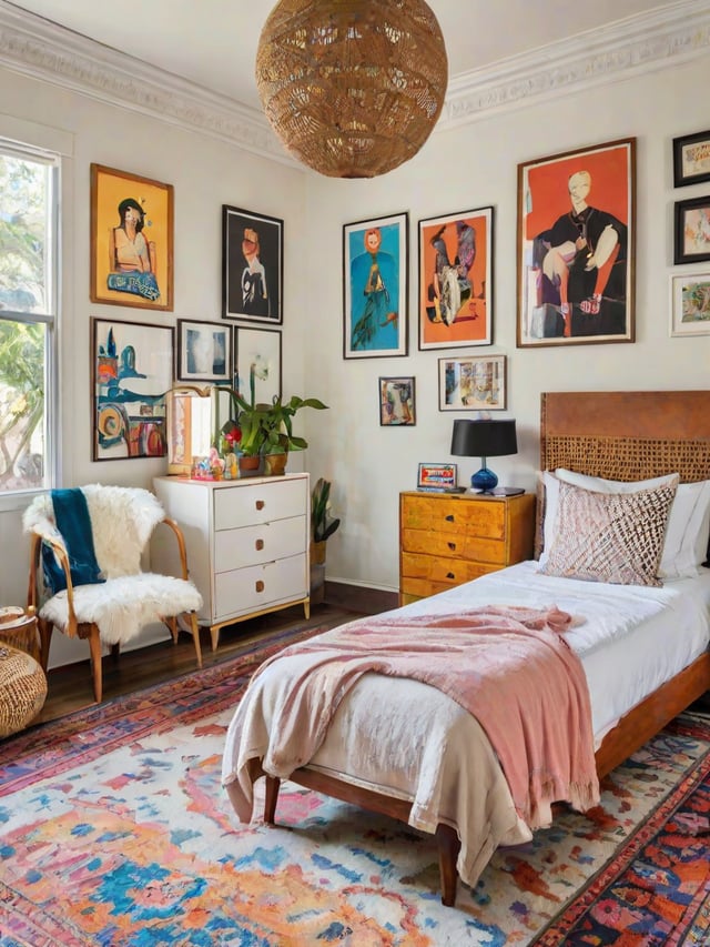 Eclectic bedroom with a bed, chair, and dresser. The room is decorated with various artwork and has a pink blanket on the bed.