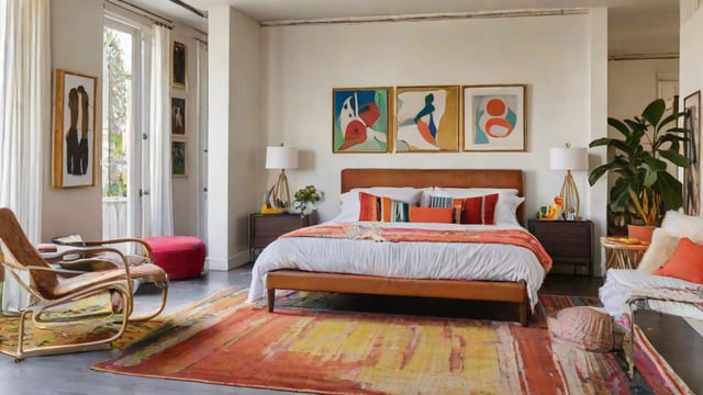 A large bed with a wooden headboard and a colorful comforter, surrounded by eclectic artwork and a rug.