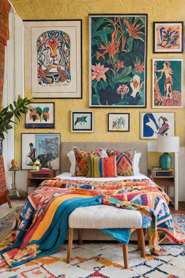 Colorful bedroom with eclectic artwork on the walls