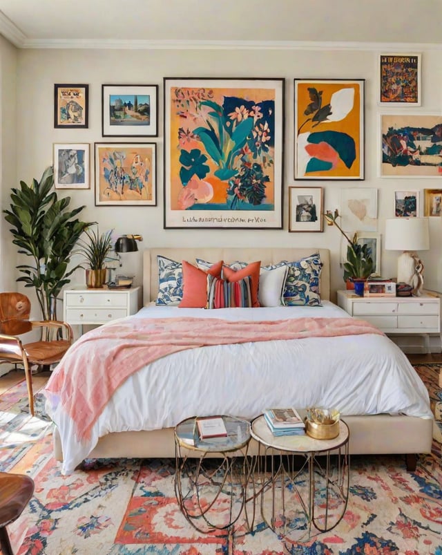 A bedroom with an eclectic design style, featuring a large bed, a pink blanket, and a collection of artwork on the walls.