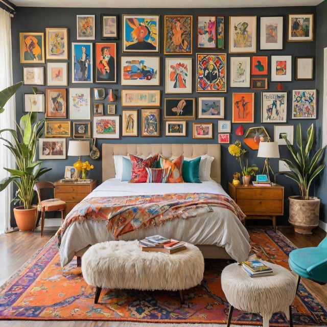 Colorful bedroom with eclectic design style and a large collection of pictures on the wall.