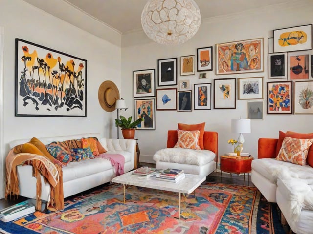 An eclectic living room with a white couch, two orange chairs, and various artwork on the walls. There is a rug on the floor, and a coffee table with several books on it. The room also has a potted plant and a vase with flowers.