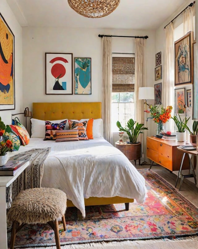 A cozy eclectic bedroom with a large bed, a dresser, and a window. The room features a mix of different elements such as a yellow headboard, a rug, and various art pieces on the walls. The bed is adorned with colorful pillows and a white comforter, adding a touch of brightness to the space. In addition to the bed, there are several potted plants scattered throughout the room, adding a touch of greenery and life to the space. A vase can also be seen on the dresser, further enhancing the room's decor.