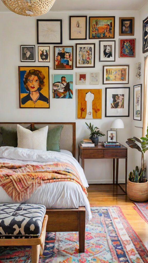 A bedroom with a bed, nightstand, and eclectic art on the walls. A colorful blanket covers the bed, and there are several books on the nightstand.