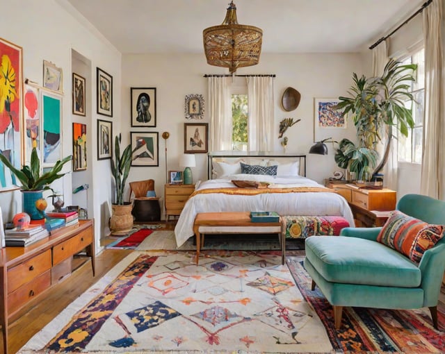 An eclectic bedroom with a large bed, a couch, and various decorative elements.