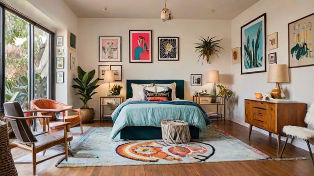 A cozy eclectic bedroom with a large bed, rug, and various art pieces on the wall.