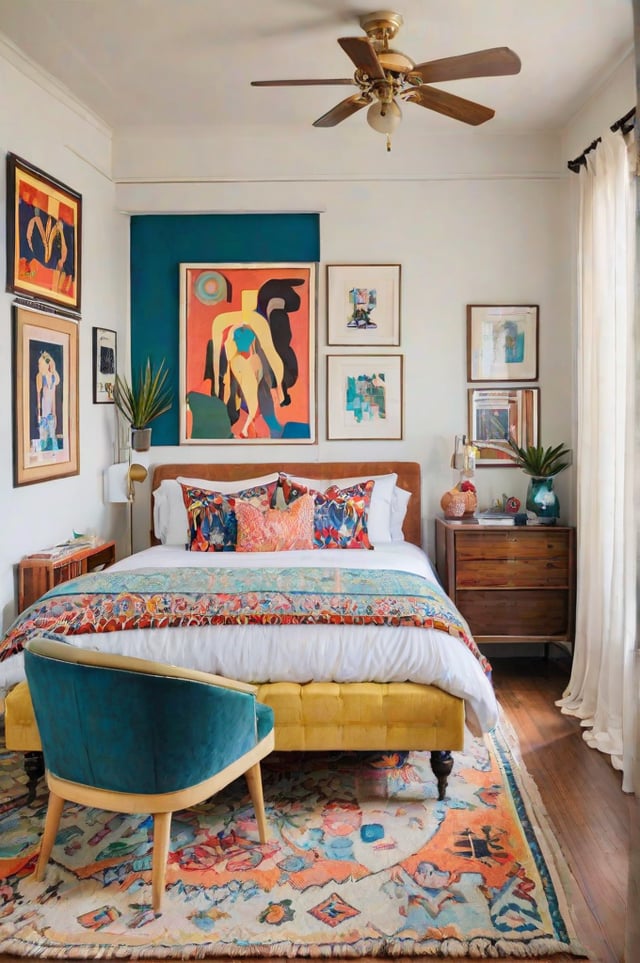 An eclectic bedroom with a colorful bed and various decorative elements.