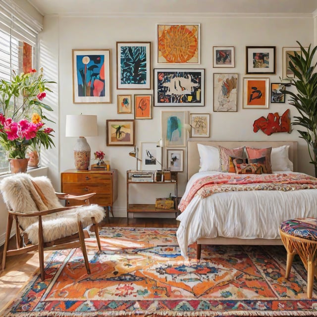 A bedroom with a large bed, a chair, and a rug. The room is decorated with eclectic artwork, including pictures on the wall and a potted plant.