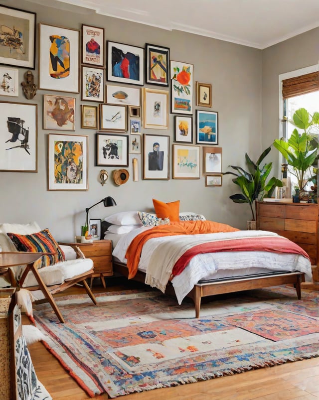 An eclectic bedroom with a large bed and a chair, featuring various artwork and potted plants.