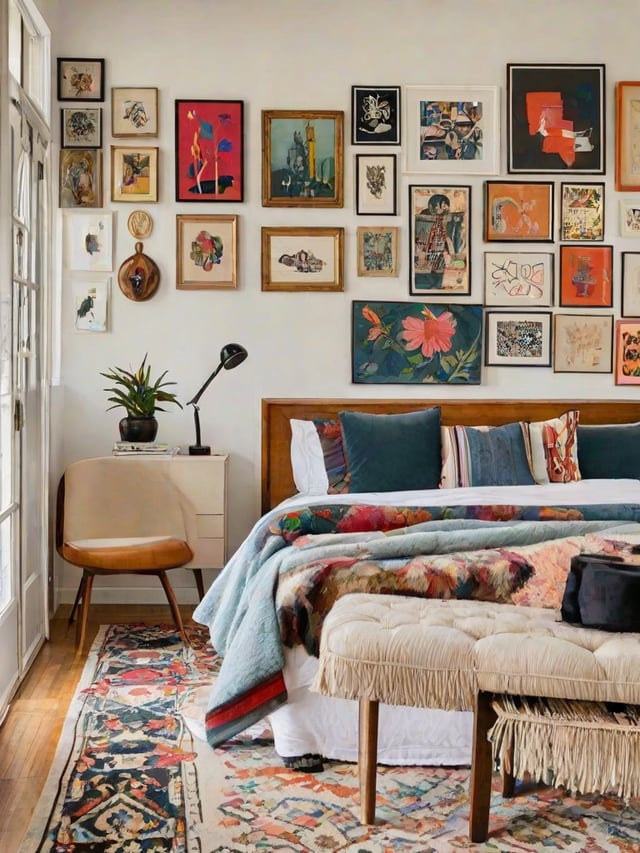 A cozy bedroom with an eclectic design, featuring a bed, chair, and many pictures on the wall.