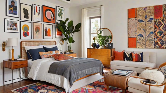 An eclectic bedroom with a large bed, a couch, and various decorative elements.