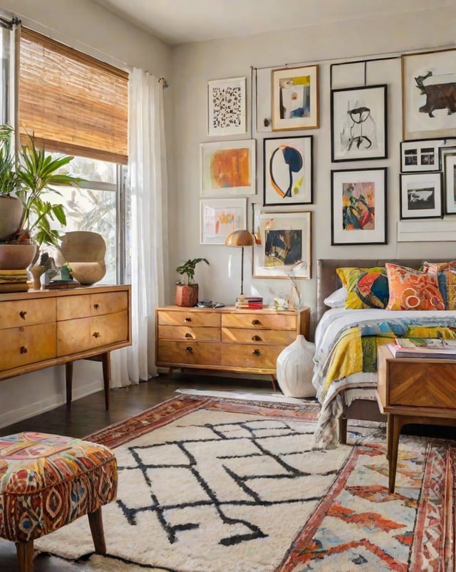 Eclectic bedroom with a large bed, wooden furniture, and artwork on the walls