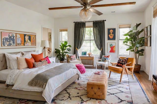 Eclectic bedroom with a large bed, sitting area, and window. The room is filled with furniture, including chairs, a couch, and a dining table. The bed is adorned with a white comforter and a pink throw pillow.